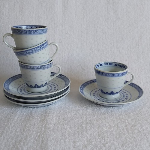 Vtg China Tienshan White @ Blue 4Cup@ 4Saucer Set Rice Grain Pattern NEW - Picture 9 of 11