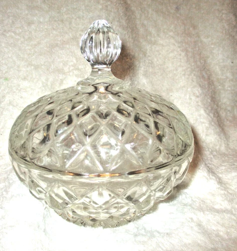 Vintage~Glass Candy Dish~Lid~4 3/8" Tall~Diamond Pattern~1970's