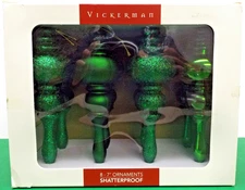 VICKERMAN Shatterproof EMERALD Green FINIAL Ornaments, Box of 8. ASSORTMENT 7"