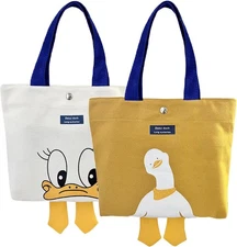 2PCS Small Canvas Tote Bag for Women Cute Mini Duck Book Yellow White 