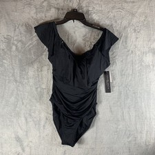 La Blanca Women's Swimsuit 10 One Piece Black Ruffle Shoulder Lace Up Back NWT