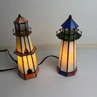 Pair of Vintage Stained Glass Lighthouse Accent Lamps Nautical Coastal Decor