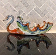 Mid Century Modern Hand Blown Art Glass 12" Swan Bowl Rainbow MCM Decor