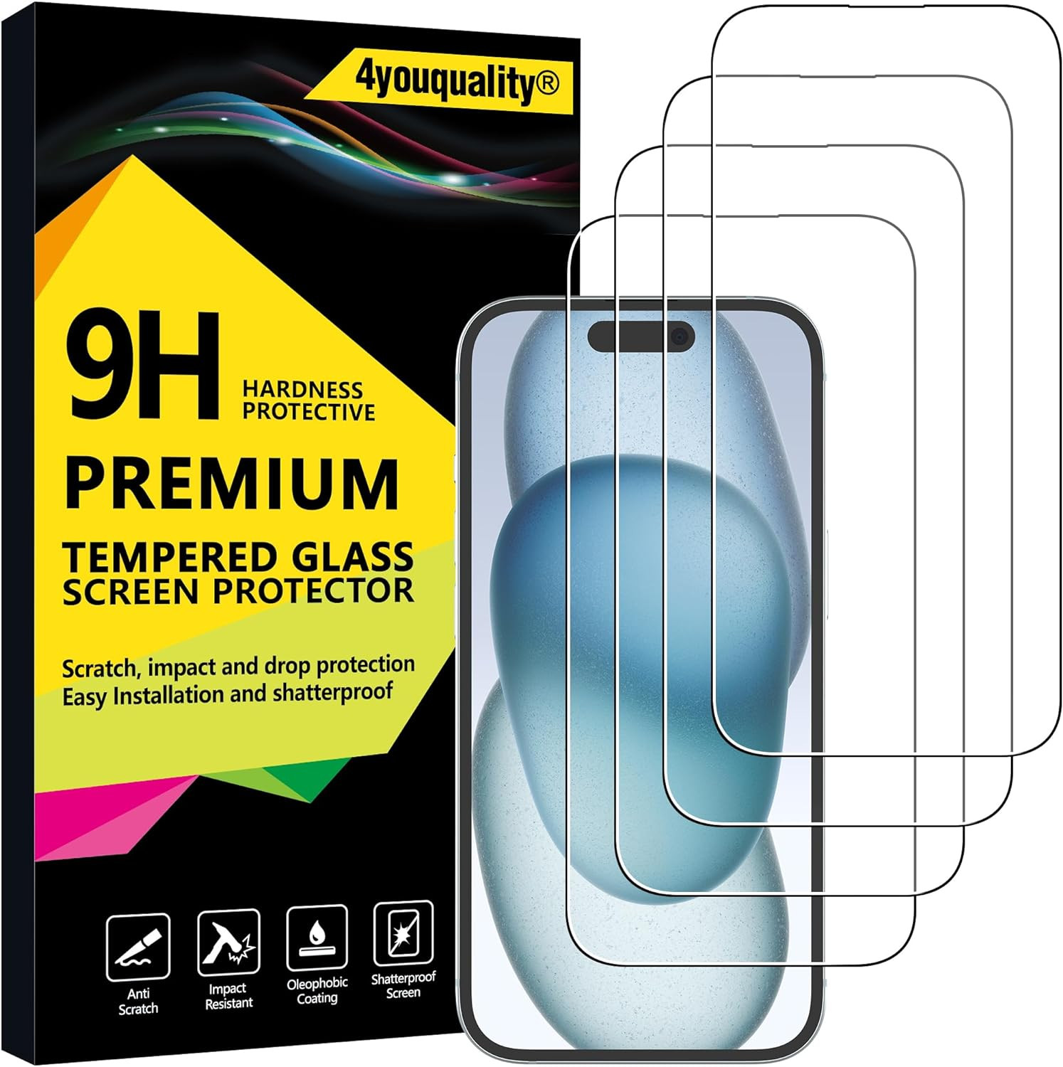 4Youquality [Fourpacks Screen Protector for Iphone 15 (6.1-Inch), Tempered Glass