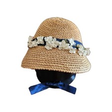 Vtg 40s / 50s M.S.C. Factory Made Straw Bonnet With White Flowers  A Blue Band