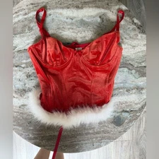Red sweetheart cropped velvet santa corset white fuzzy trim Christmas tank XS