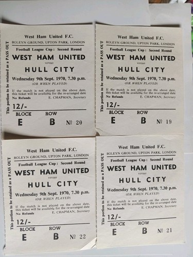 Vintage Old Football West Ham UNITED 9/9/1970 Hull city ground tickets 4 set 4 - Picture 6 of 6