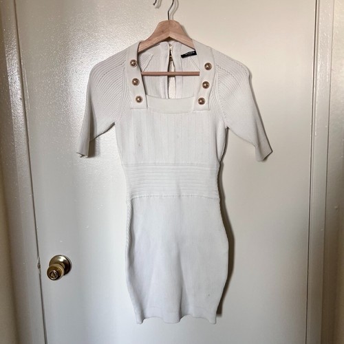 Balmain White Button Embellished Square Neck Rib Knit Mini Bodycon Dress 38 / XS - 第 2/14 張圖片