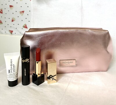 NEW 4PC YSL Beaute Metallic Pink Makeup Bag/Mascara/Lipstick & Nu Glow In Balm
