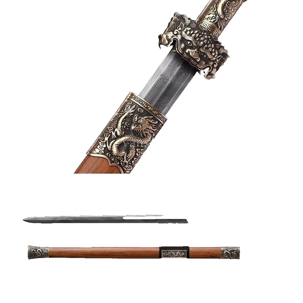 Hoja de acero de damasco espadas chinas de colección y sables manija de cobre amarillo