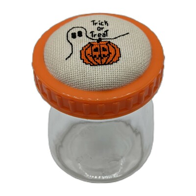 Halloween Glass Ball Jar  Cross Stitch Lid Ghost Trick or Treat Jack-O-Lantern