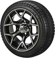 (4) Golf Cart 205/30-14 Deli Low Pro Tires on 14x7 Black/Machined Ninja Wheels