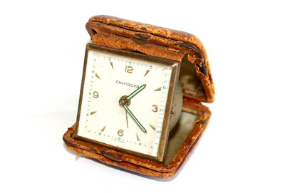 OLD TRAVEL ALARM CLOCK - CHAMBORD - MADE WEST GERMANY - LEATHER - WORKS!