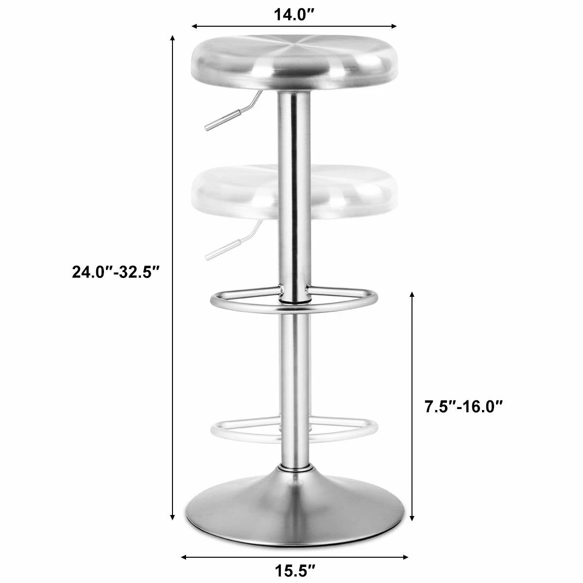 Brushed Stainless Steel Swivel Bar Stool Seat Adjustable Height