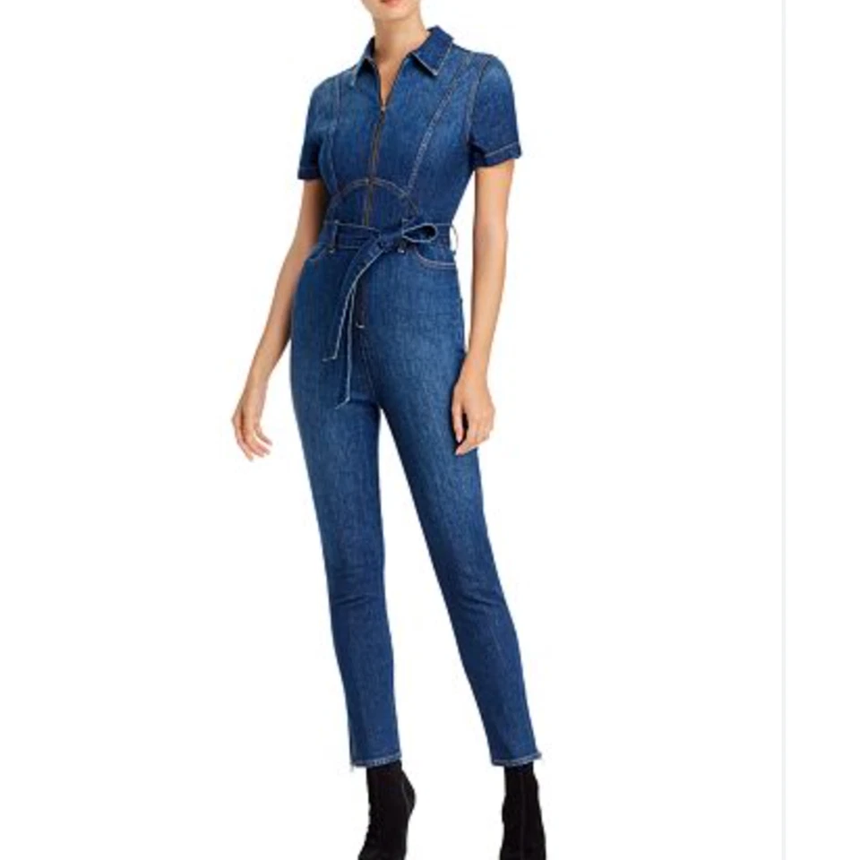 Alice + Olivia Jeans Jumpsuit Size 25 Medium Wash Ankle Zip Denim Catsuit - Image 2 of 4
