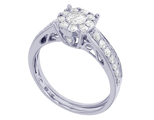 Solitaire Round Halo 1 CT Real Diamond Bridal Rings Set 10MM 14K White Gold S7 - Picture 4 of 7