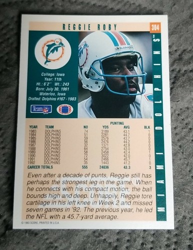 1993 Score Football #304 Reggie Roby - Miami Dolphins - Picture 2 of 2