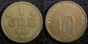 Sweden Oscar II Bronze 1899 1 Öre  Large letters XF KM# 750  (23 154)