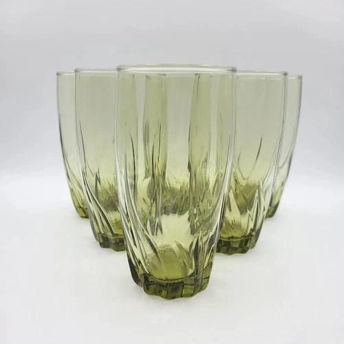 6 Vintage Anchor Hocking Central Park Ivy Green Swirl Iced Tea Glasses Tumblers