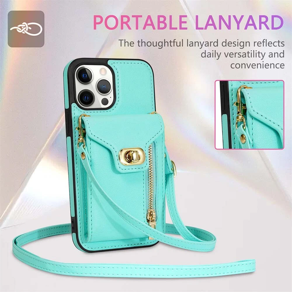 Leather Phone Wallet Case for iPhone 15 Pro Max 14 13 12 with Crossbody Strap