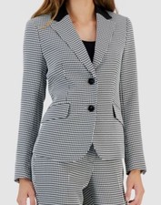 Kasper Women's Black Houndstooth Contrast Notched Collar Blazer Jacket Size 12P