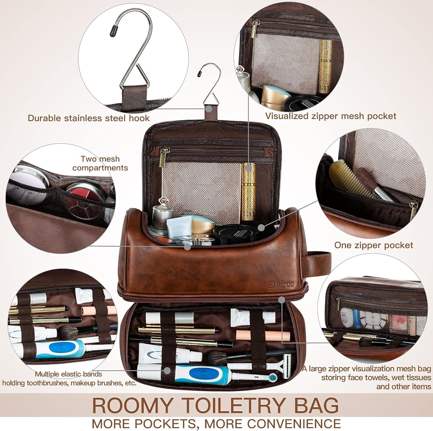 WaterResistant Leather Toiletry Bag for Men Large DoubleLayer Travel