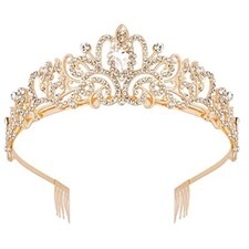 Gold Crystal Tiara Crown Headband Princess Elegant Crown with combs 02 Gold