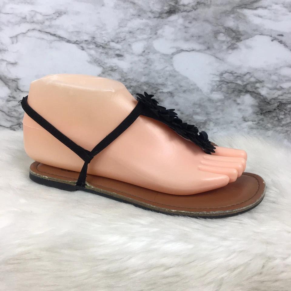 Sandalias Mujer Faded Glory Talla 4 Verano Negro Flor Tanga Correa Chanclas Foto 2 de 4