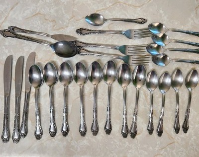 25 Pieces Vintage Orleans Silver Pamela Pattern Stainless Flatware Korea Rose