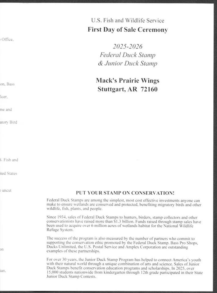 2025 US Federal Waterfowl Duck Stamp RW92 & JDS33 First Day of Issue Program - Image 3 of 4