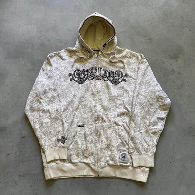 Ecko Unltd Mens XXL Zip Up Hoodie All Over Print Skulls Filigree Y2K Streetwear