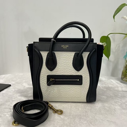Authentic CELINE Luggage black cream bicolor nubuck calfskin flared Bag-