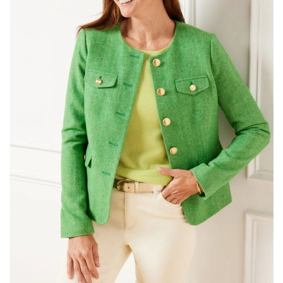 Talbots Шетландская Женская Куртка Блейзер Зеленая Шерстяная Смесь Размер 10 Без Воротника - Изображение 2 из 4