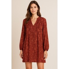 Peruvian Connection Floral Boho Tunic Dress Red Viscose Pintuck Peasant S