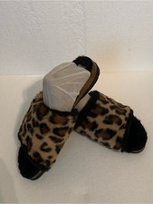 Earth Leopard Print Faux Fur Slide Slippers in Brown and Black size 8