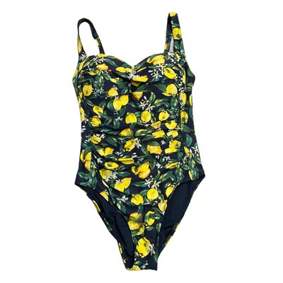 Nip Tuck Swimwear Women Size 6 Navy Lemon Print One Piece Ruched Tummy Control