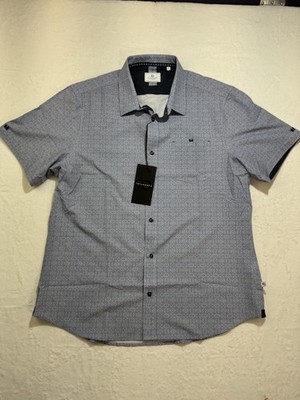 7 Diamonds Shirt Mens XL Blue Geometric Short Sleeve Button Up Stretch Casual