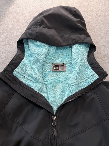 REI Rain Jacket Women’s L Hooded Black Aqua Blue Faux Fur Lined Coat Sz Large - Picture 8 of 16