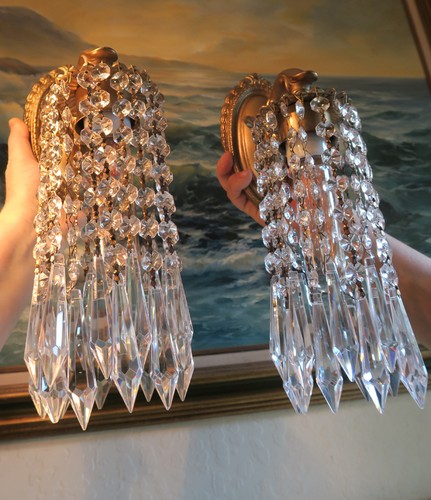 Pair Sconces Brass bronze fountain waterfall vanity bedroom Crystal prism lamp - Picture 9 of 12