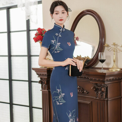 Chinese Azure Blue Orchid Ladies Butterflies Prints Trim Dress Cheongsam  Qipao | eBay
