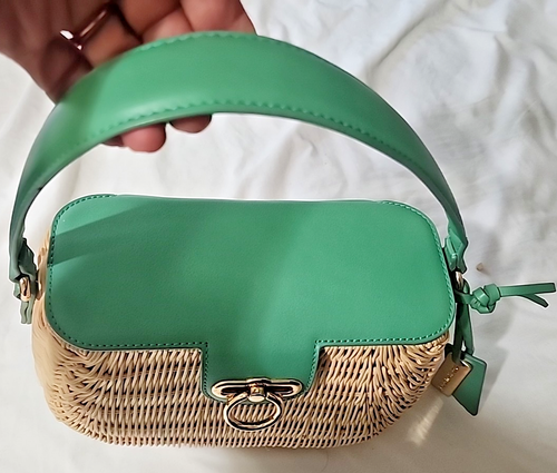 Kontessa Italian Hand Woven Rattan Picnic Satchel Gold Green Handbag Leather - Bild 13 von 13