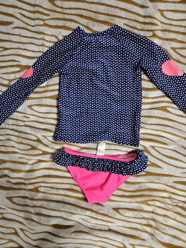 Girls 2 Piece Long Sleeve Swimsuit Cat & Jack Navy Polka Dots Pink Hearts EUC 6X - Picture 4 of 4