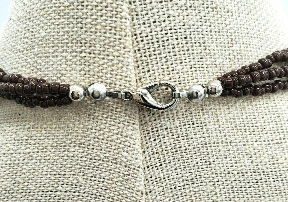 Collar Art Deco Étnico Triple Cuentas Hilo Madera Colgante Negro Marrón Boho 24" Foto 3 de 4