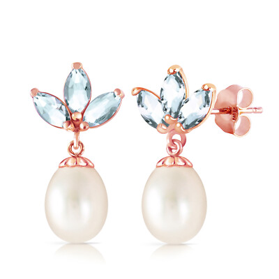 14K. GOLD DANGLING EARRING WITH PEARLS & AQUAMARINES