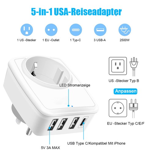 UK/US Reiseadapter England Stecker Typ G Stromadapter für Irland Dubai USB/TYP-C - Bild 6 von 32
