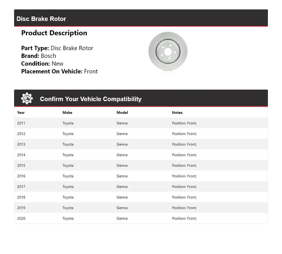 Rotor de freio a disco dianteiro 2012 2013 Toyota Sienna Bosch QuietCast 2011-2020 - Imagem 2 de 4