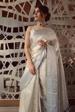 Soft silk silver saree indian wedding party wear women formal ethnic sari blouse