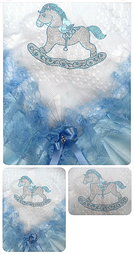 ROMANY BABY SHAWL - PINK/ BLUE/ WHITE LACE/RIBBON WITH ROCKING HORSE DESIGN - Picture 2 of 12