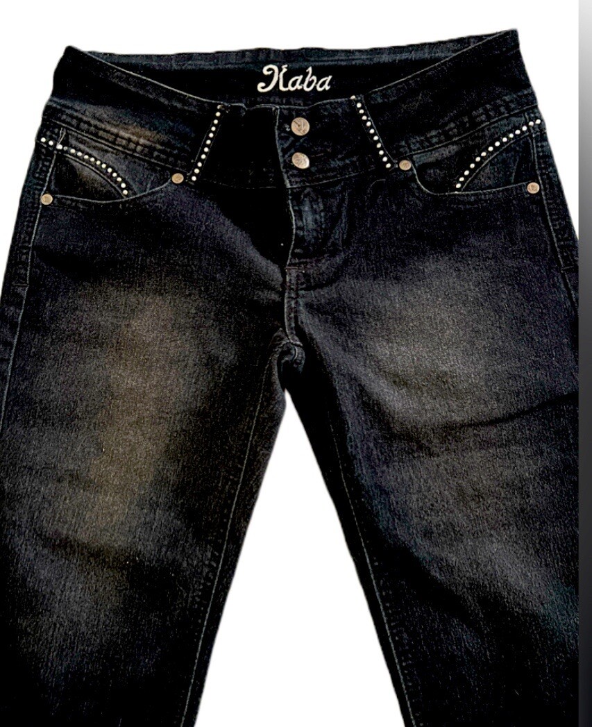 KABA JEANS Black Cropped Faded Denim + Rhinestones Stretchy