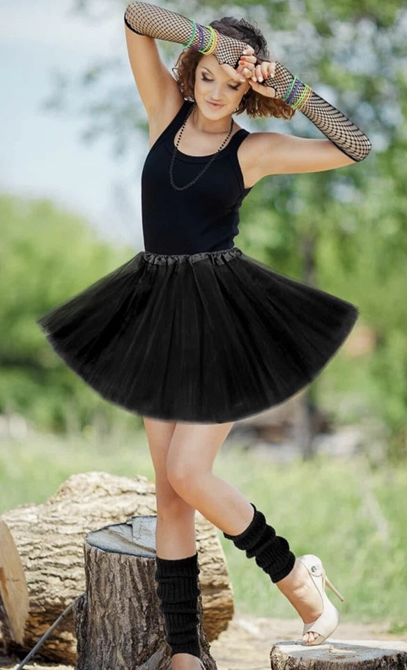 Disfraz de mujer años 80 tutú, guantes, calentadores de piernas, diadema y collar negro Foto 2 de 2